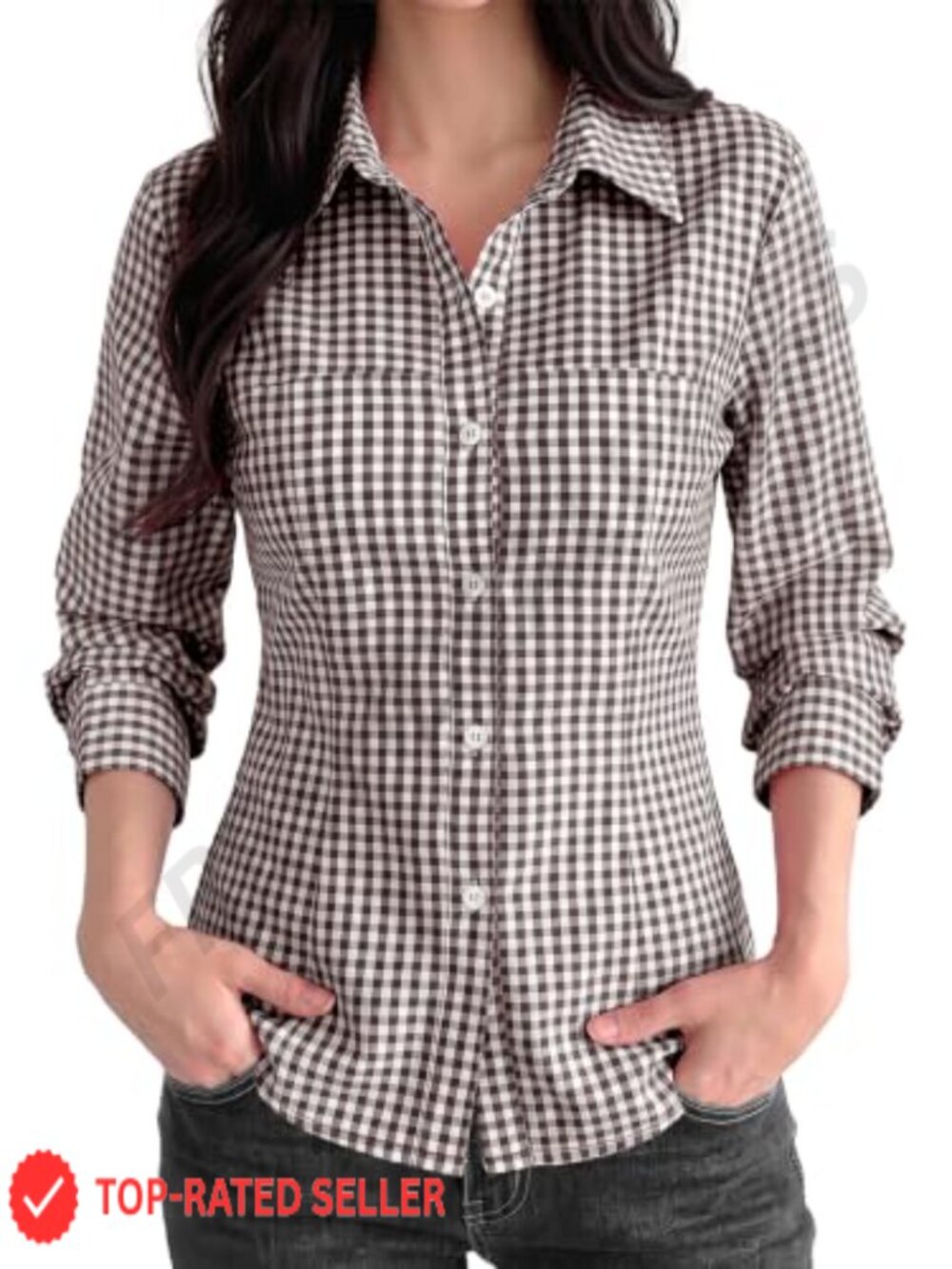 Women's Gingham Button Down Tie Back Long Sleeve Blouse Top